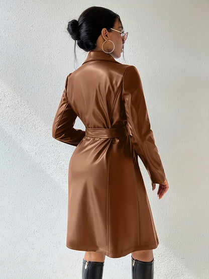 Slim Fit Trenchcoat aus PU-Leder – Lange Reversjacke mit Taschen für Damen