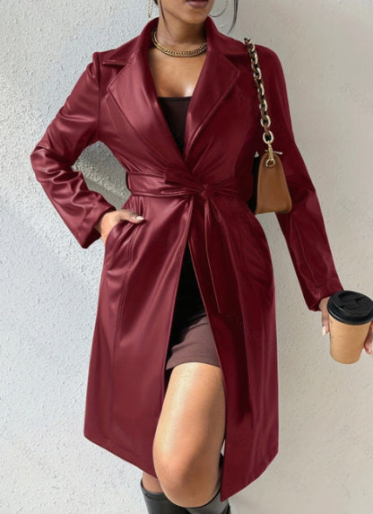 Slim Fit Trenchcoat aus PU-Leder – Lange Reversjacke mit Taschen für Damen