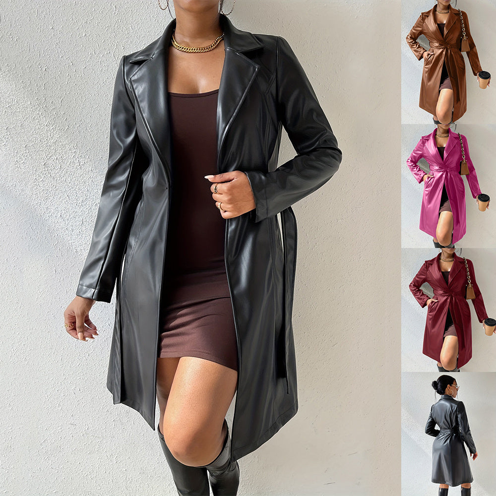 Slim Fit Trenchcoat aus PU-Leder – Lange Reversjacke mit Taschen für Damen